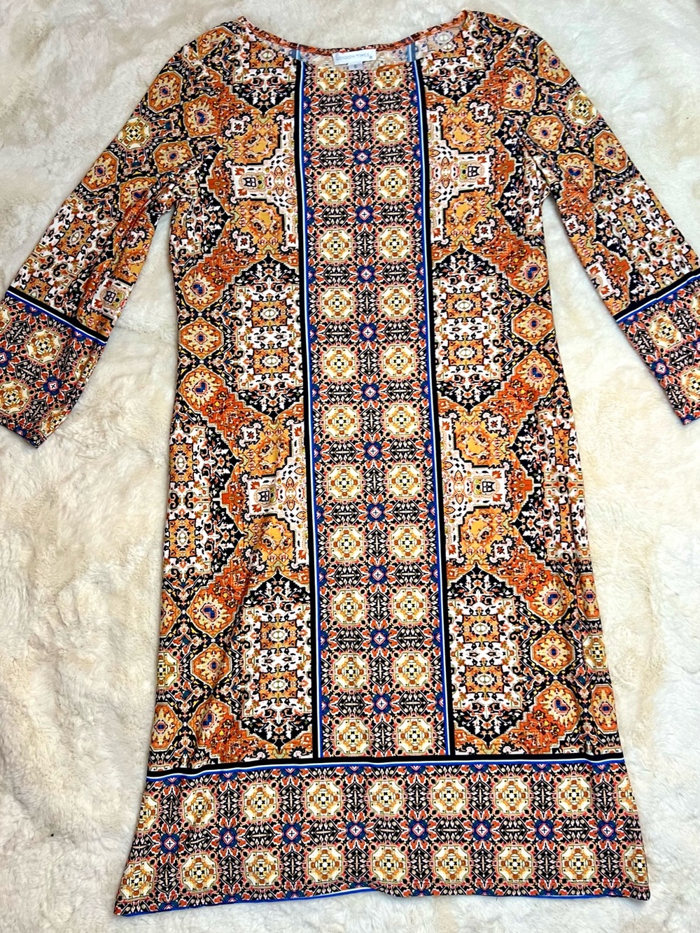 London Times Orange, Navy & Cream Geometric Long Sleeve Shift Dress